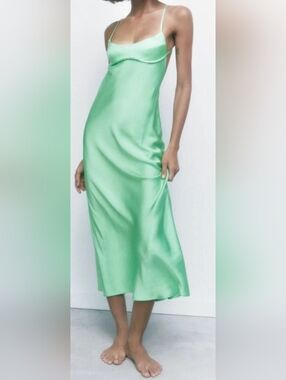 Zara Woman Midi Strappy Satin Dress Mint Green - Medium - New